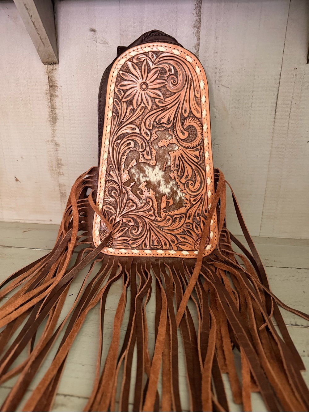 Hand-Tooled Floral Leather Fringe Crossbody Sling Bag - Brown